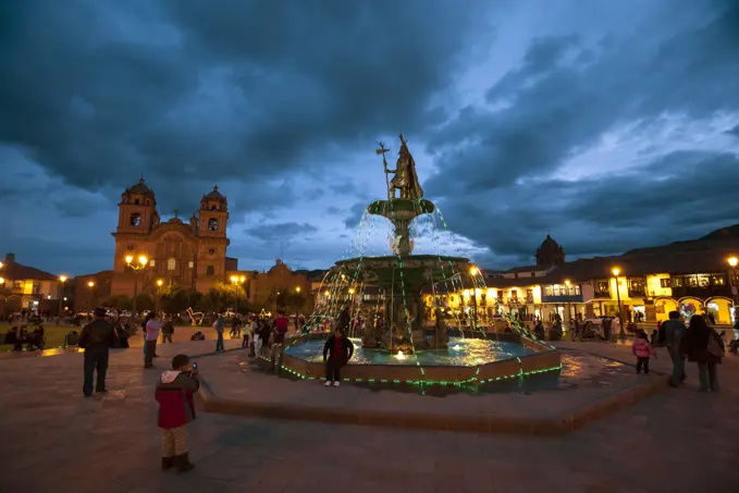 View of the fountain at night in Plaza de Armas, Cuzco, Peru; Cuzco, Peru