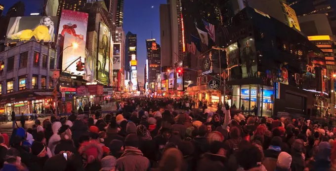 manhattan, new york city, new york, united states of america, crowd gathering for new years eve celebration at times square