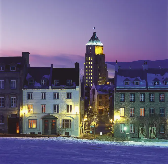 St. Denis Street With Edifice Price Building In The Background In Winter, Quebec City, Quebec