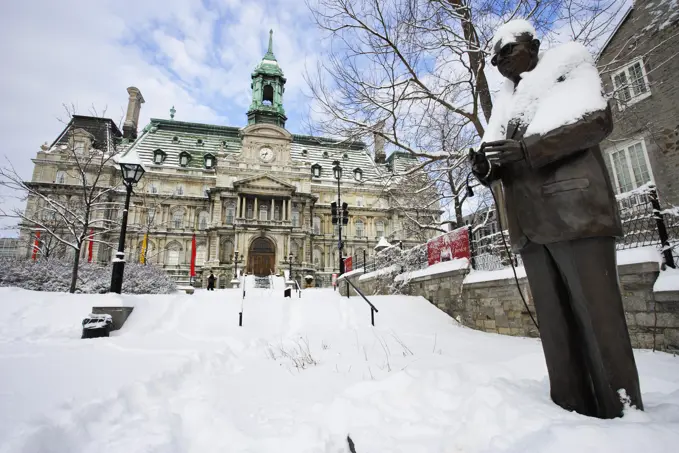 Sculpture And City Hall In Winter Old Montreal, Montreal, Quebec