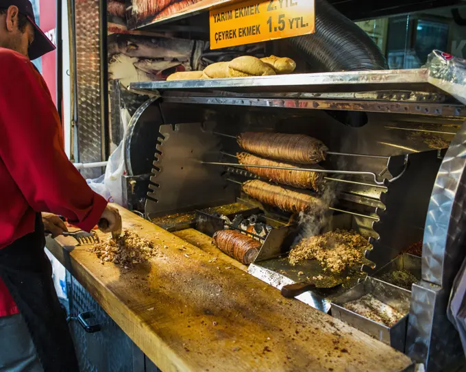 Chopping Food At A Food Cart; Istanbul, Turkey