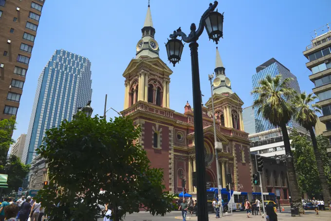 Contrast of old and new architecture and Basilica de La Merced in the city centre of Santiago, Chile; Santiago de Chile, Chile