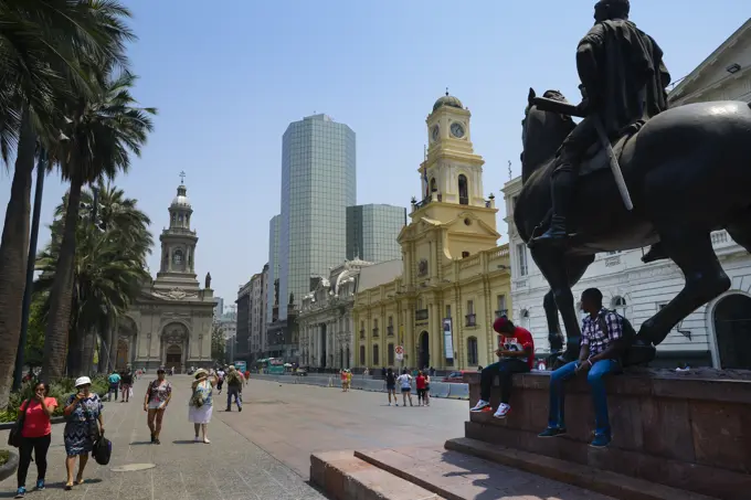 Plaza de Armas with a contrast of old and new architecture in Santiago, Chile; Santiago de Chile, Chile