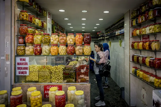 Pickled vegetables for sale at Kadikoy produce market at Kadikoy, Istanbul; Istanbul, Turkey