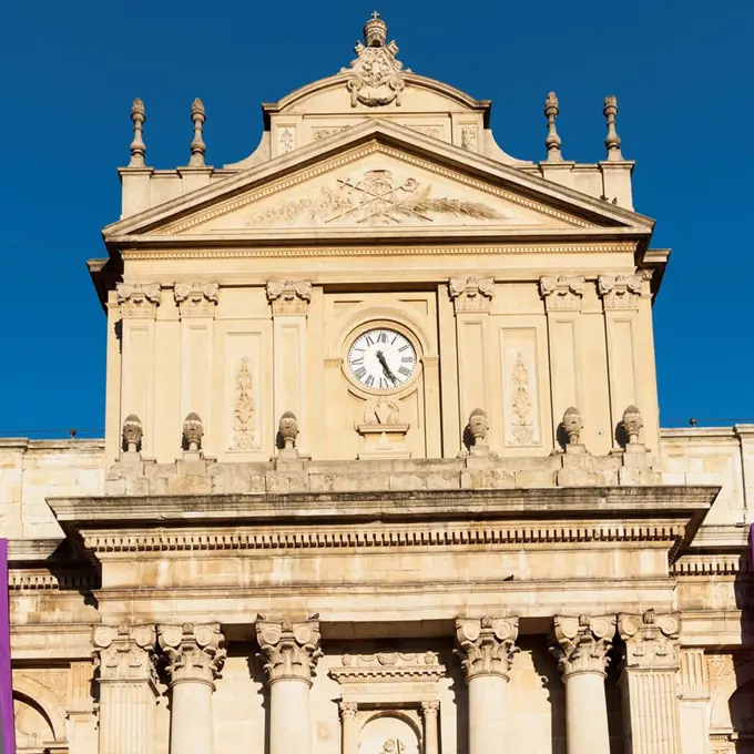 Clock And Ornate Facade Of The Cathedral Of Guatemala City, Guatemala City Guatemala