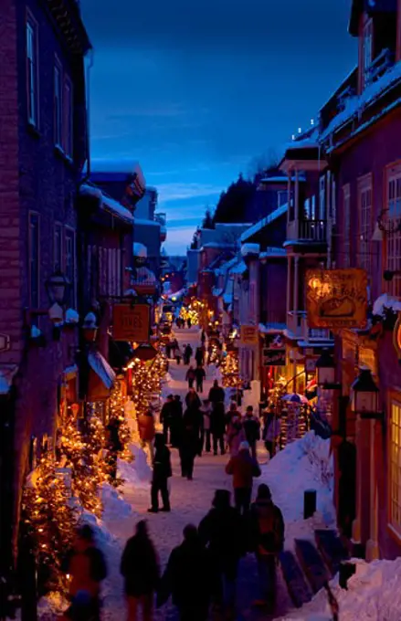 Winter shopping scene Le Petit Champlain, Quebec City, Canada