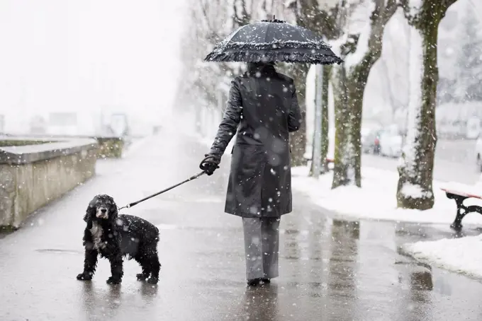 A woman walking her dog in a snowfall;Locarno ticino switzerland