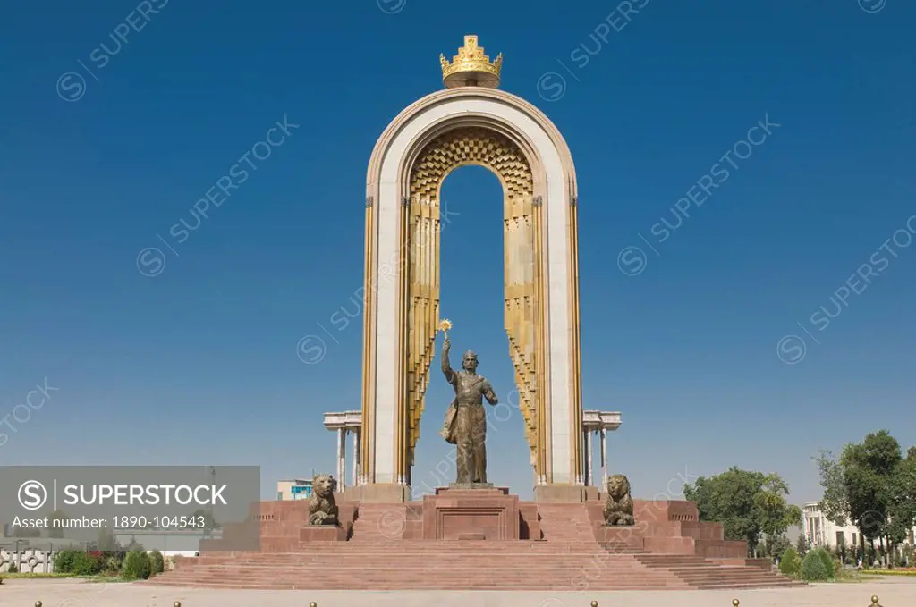 Statue of Ismail Samani Ismoili Somoni, as memorial, Dushanbe, Tajikistan, Central Asia