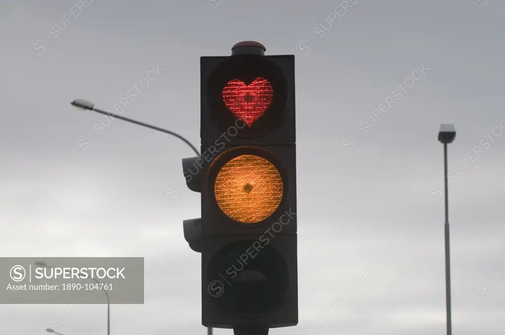 Heart as red light of a traffic light, Akureyri, Iceland, Polar Regions