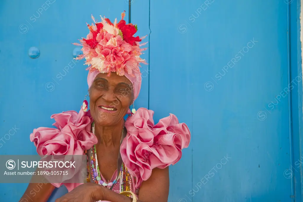 Cuban woman dressed as showgirl, Havana, Cuba, West Indies, Central America