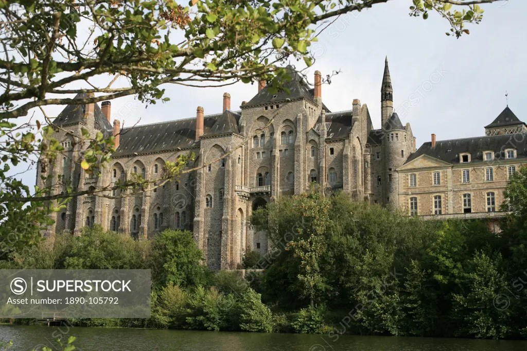 Solesmes Benedictine Abbey overlooking the Sarthe River, Solesmes, Sarthe, France, Europe