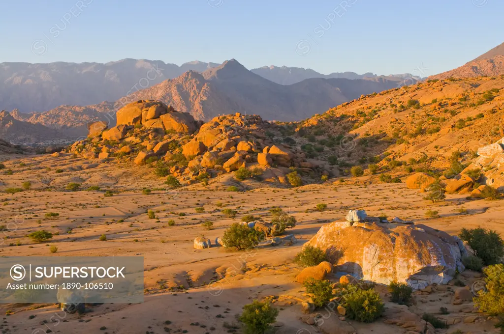 Desert landscape near Tafraoute at sunset, southern Morocco, North Africa, Africa