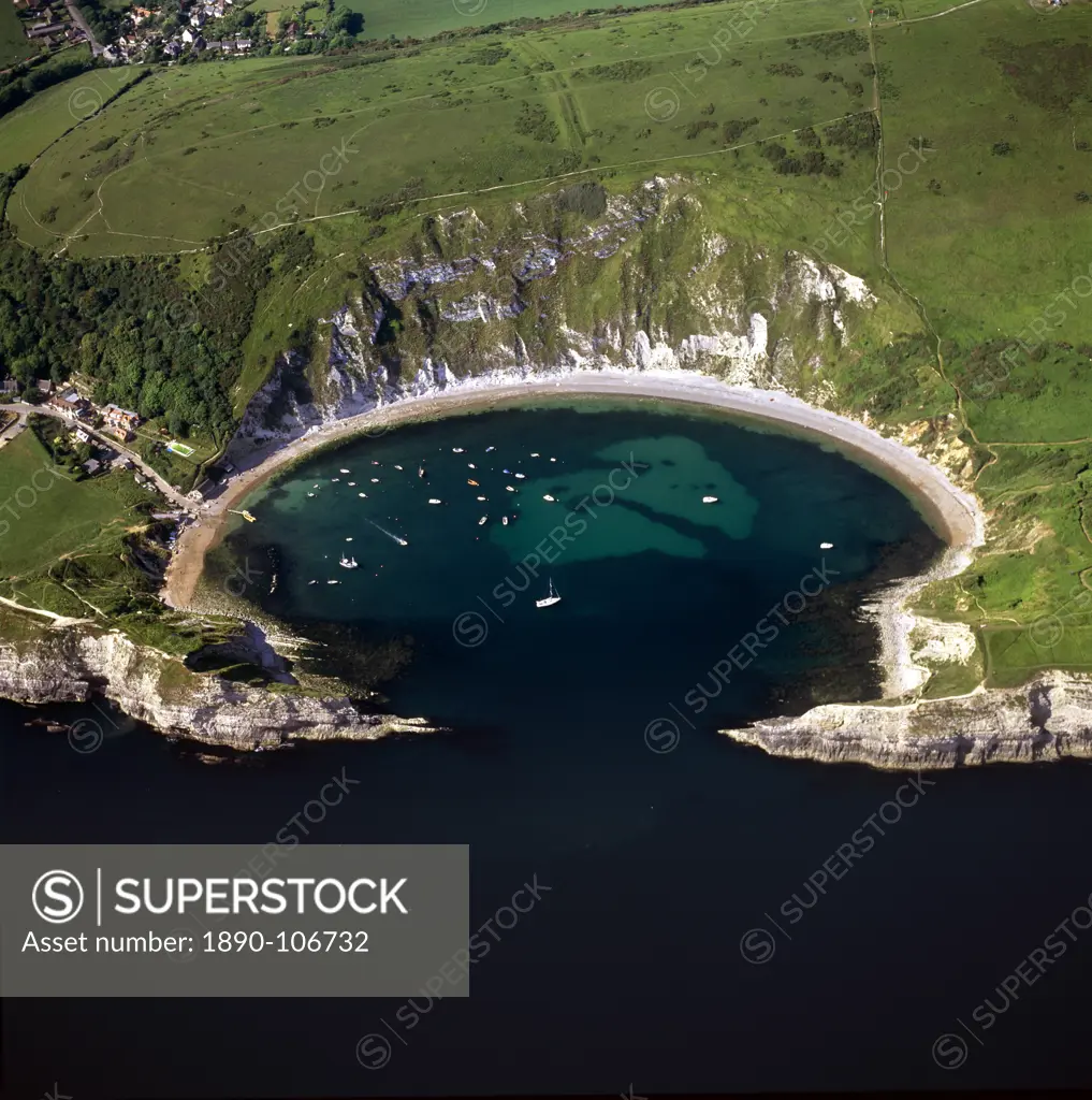 Aerial image of Lulworth Cove, a natural landform harbour, near West Lulworth, on the Jurassic Coast, UNESCO World Heritage Site, Dorset, England, Uni...