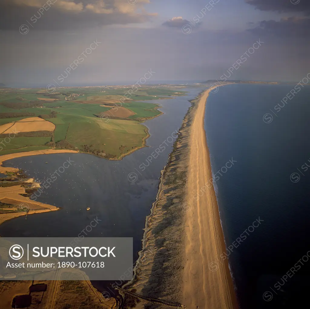 Aerial image of Chesil Beach Chesil Bank, 29 km long shingle beach, a tombolo connecting mainland to the Isle of Portland, Jurassic Coast, UNESCO Worl...