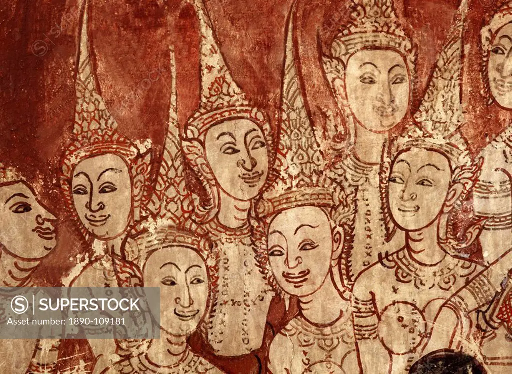 Celestial deities, detail of murals dating from the Ayutthaya period, Wat Chompoowek Wat Chomphuwek, Nonthaburi, Thailand, Southeast Asia, Asia