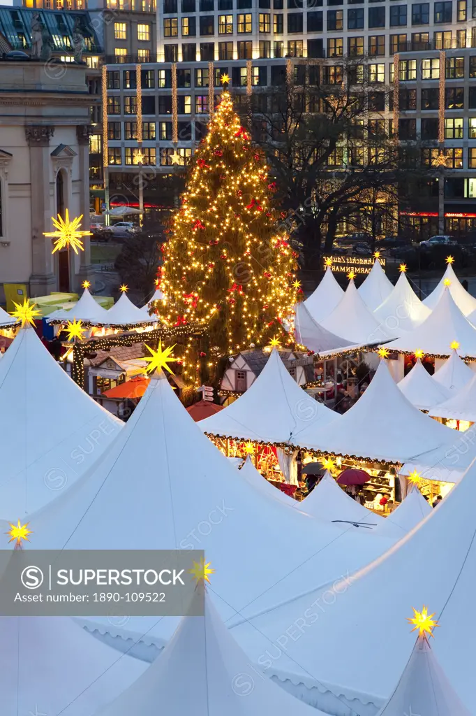 Traditional Christmas Market at Gendarmenmarkt, illuminated at dusk, Berlin, Germany, Europe