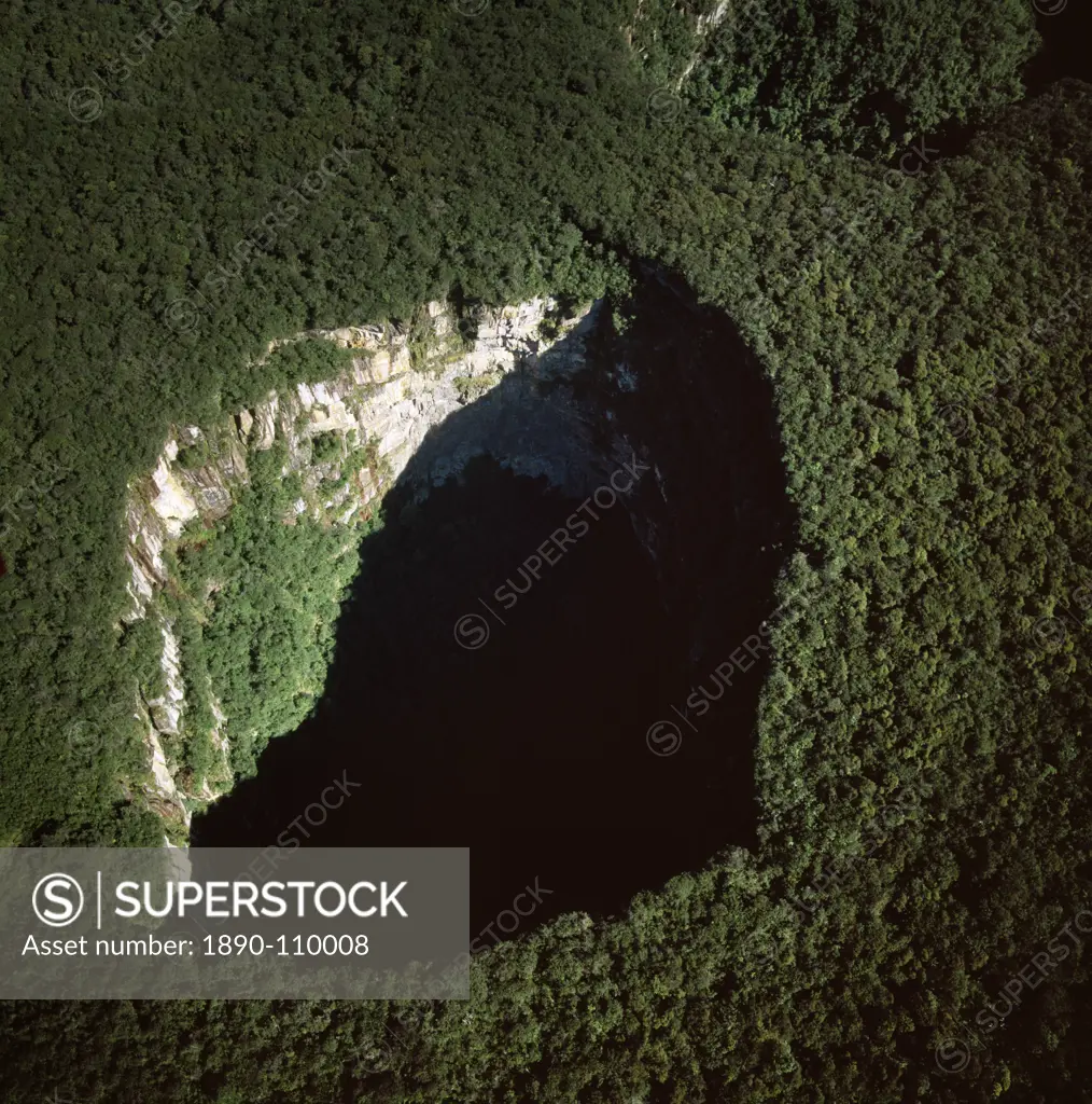 Aerial image of Sarisarinama Sinkhole, Jaua_Sarisarinama National Park, Tepuis, Bolivar State, Venezuela, South America