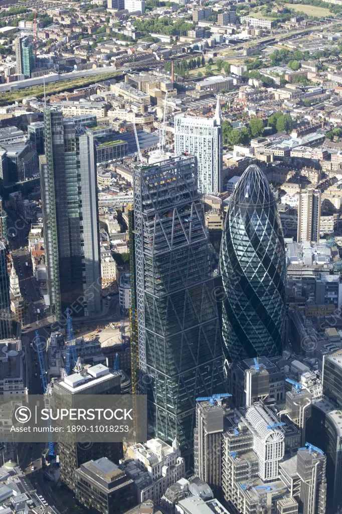 Aerial view of the Gherkin and Leadenhall Building (Cheese-grater), City of London, London, England, United Kingdom, Europe