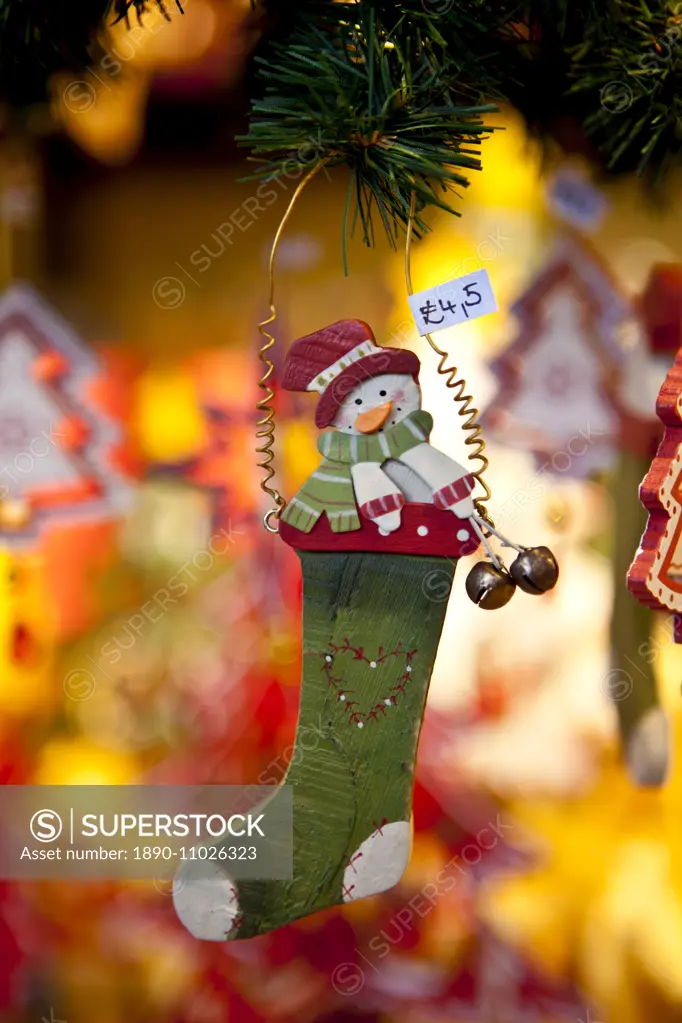 Christmas stocking and snowman ornament at Christmas market, Winter Wonderland, in Hyde Park, London