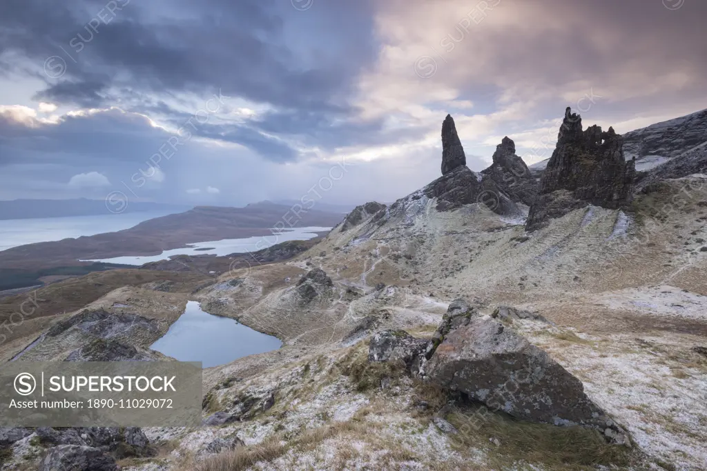 Winter scene at the Old Man of Storr, Isle of Skye, Inner Hebrides, Scotland, United Kingdom, Europe