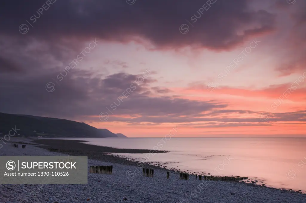 Beautiful sunset skies above Bossington Beach, Exmoor National Park, Somerset, England, United Kingdom, Europe