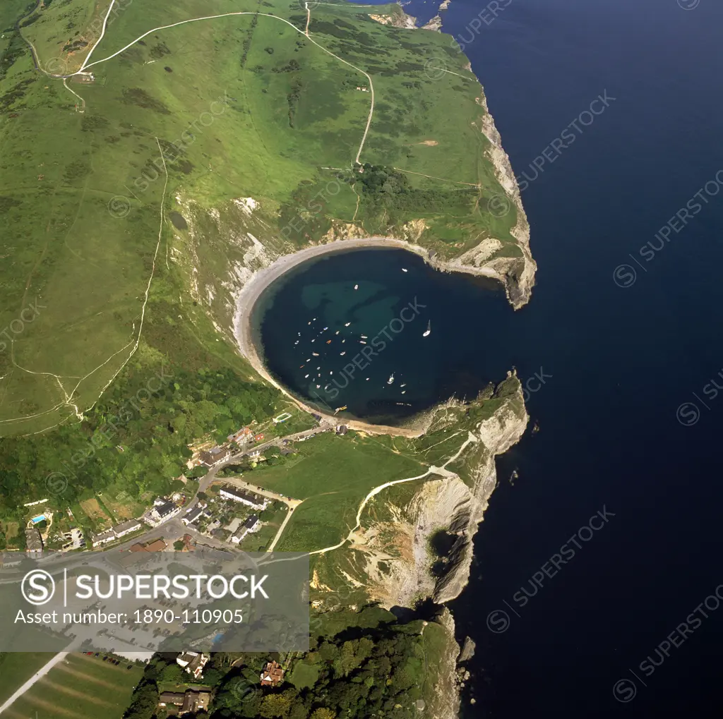 Aerial image of Lulworth Cove, a natural landform harbour, near West Lulworth, on the Jurassic Coast, UNESCO World Heritage Site, Dorset, England, Uni...