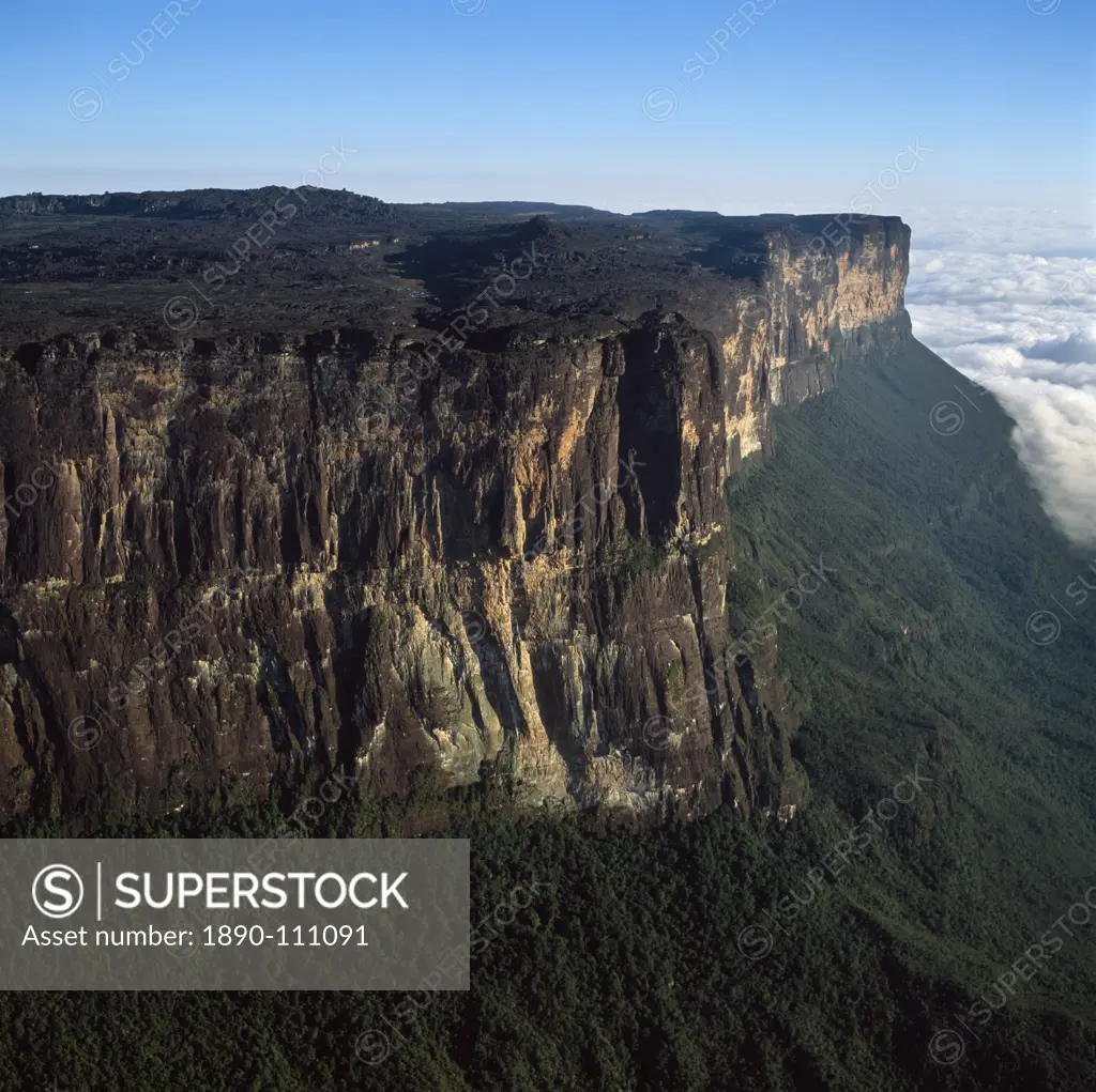 Aerial image of tepuis showing eastern cliff looking towards Brazil and Guyana, Mount Roraima, Venezuela, South America