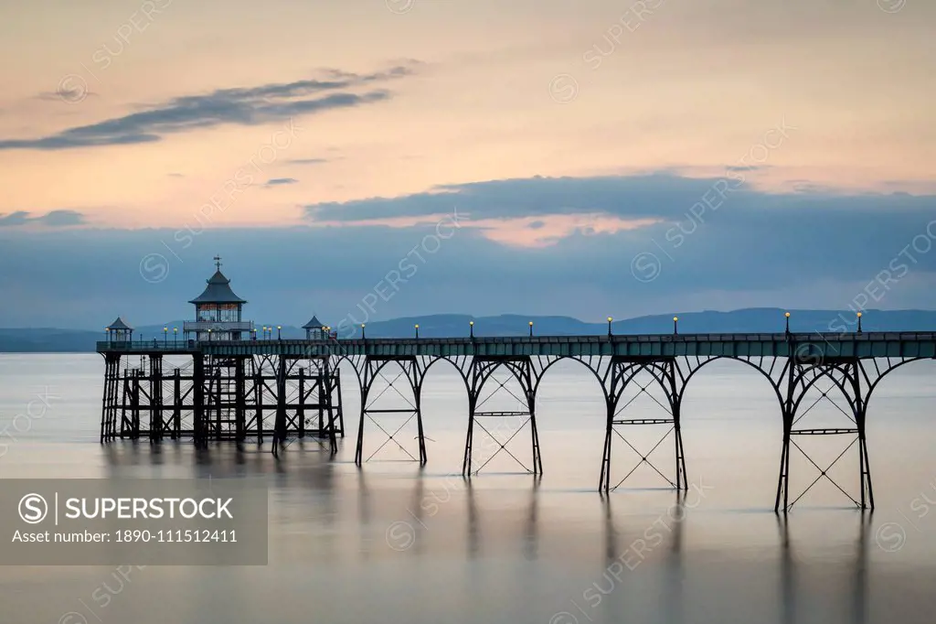 Twilight over Clevedon Pier, Clevedon, Somerset, England, United Kingdom, Europe