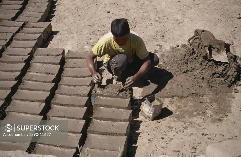 Man making mud bricks, Shey, Ladakh, India, Asia