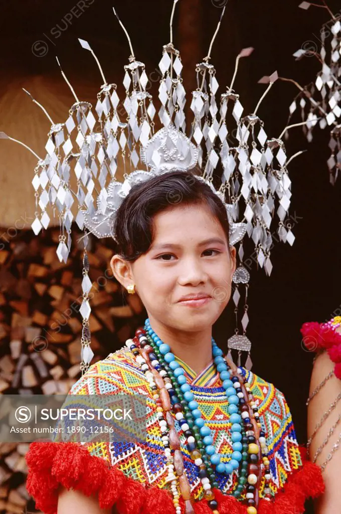 Head and shoulders portrait of an Iban girl, Sarawak, island of Borneo, Malaysia, Southeast Asia, Asia