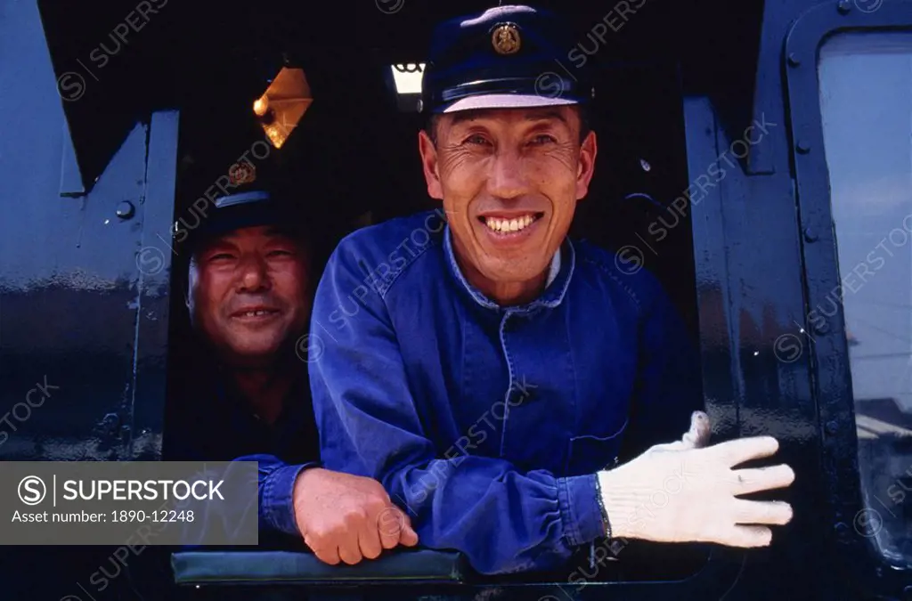 Train drivers, Aso Boy steam train, Kyushu, Japan, Asia