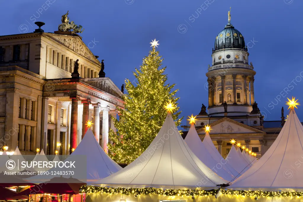 The Gendarmenmarkt Christmas Market, Theatre, and French Cathedral, Berlin, Germany, Europe