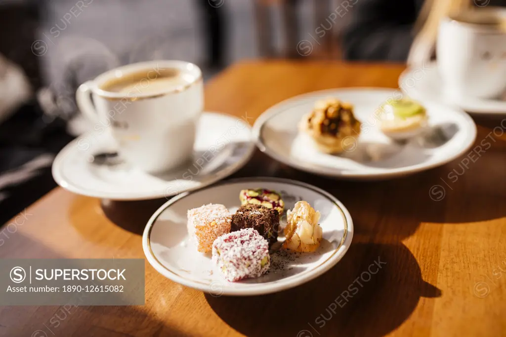 Turkish delights (Lokum) on plate and coffee, Cafe near Spice Bazaar, Istanbul, Turkey, Europe