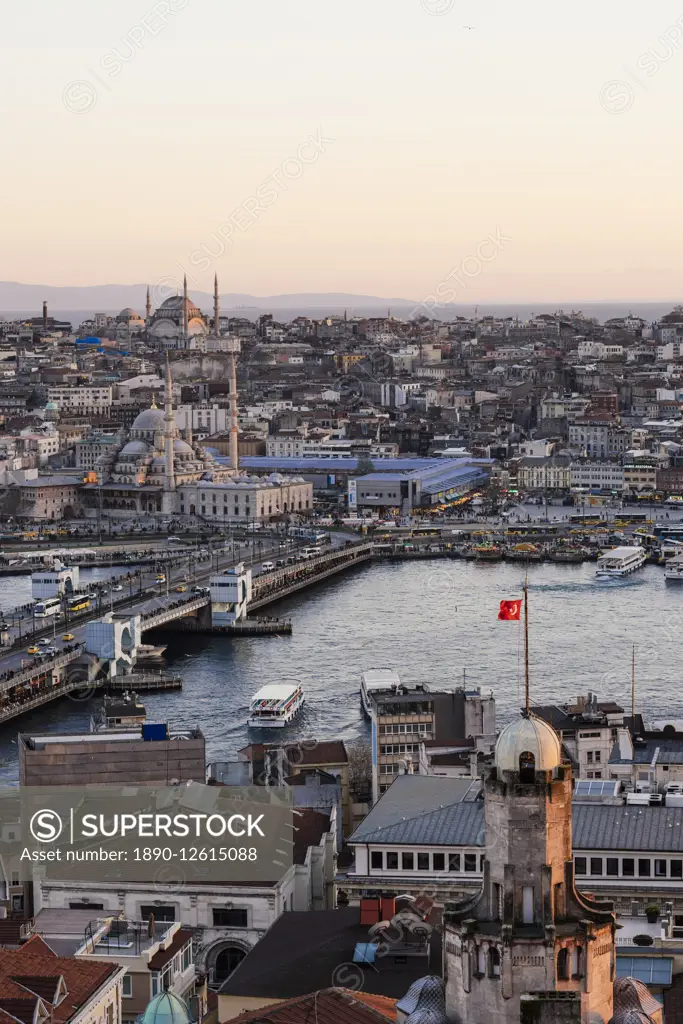 View over Istanbul skyline from The Galata Tower at sunset, Beyoglu, Istanbul, Turkey, Europe