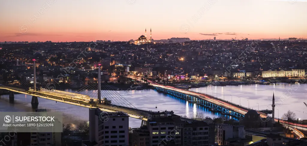 View over Istanbul skyline from The Galata Tower at night, Beyoglu, Istanbul, Turkey, Europe