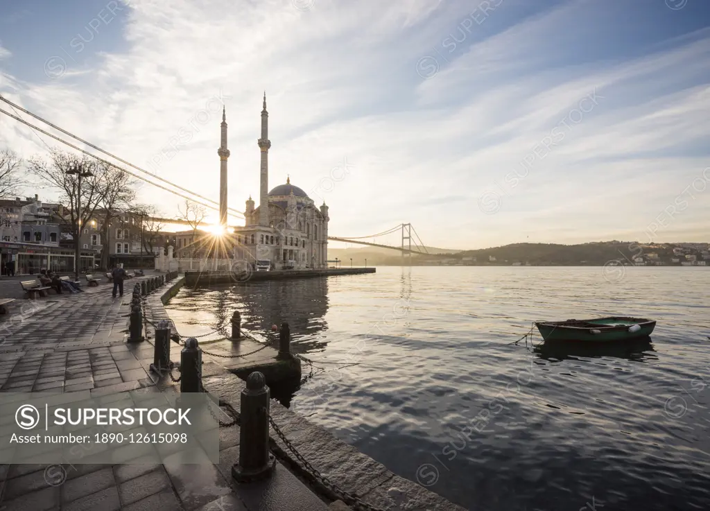 Exterior of Ortakoy Mosque and Bosphorus bridge at dawn, Ortakoy, Istanbul, Turkey, Europe