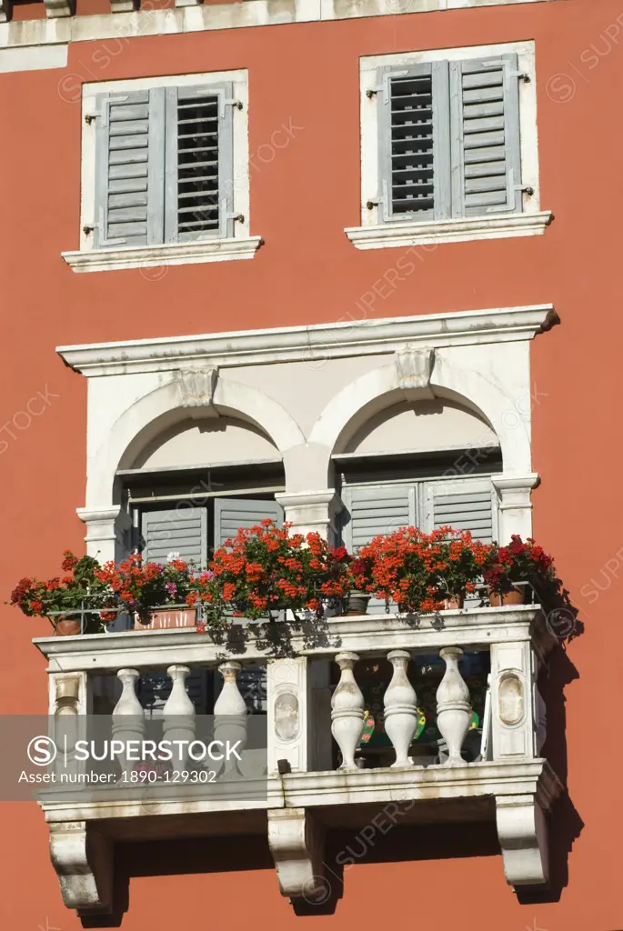 Colourful balcony, Rovinj, Istria, Croatia, Europe