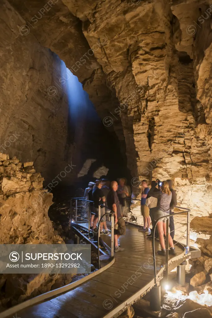 Tourists exploring Waitomo Caves, Waikato Region, North Island, New Zealand, Pacific