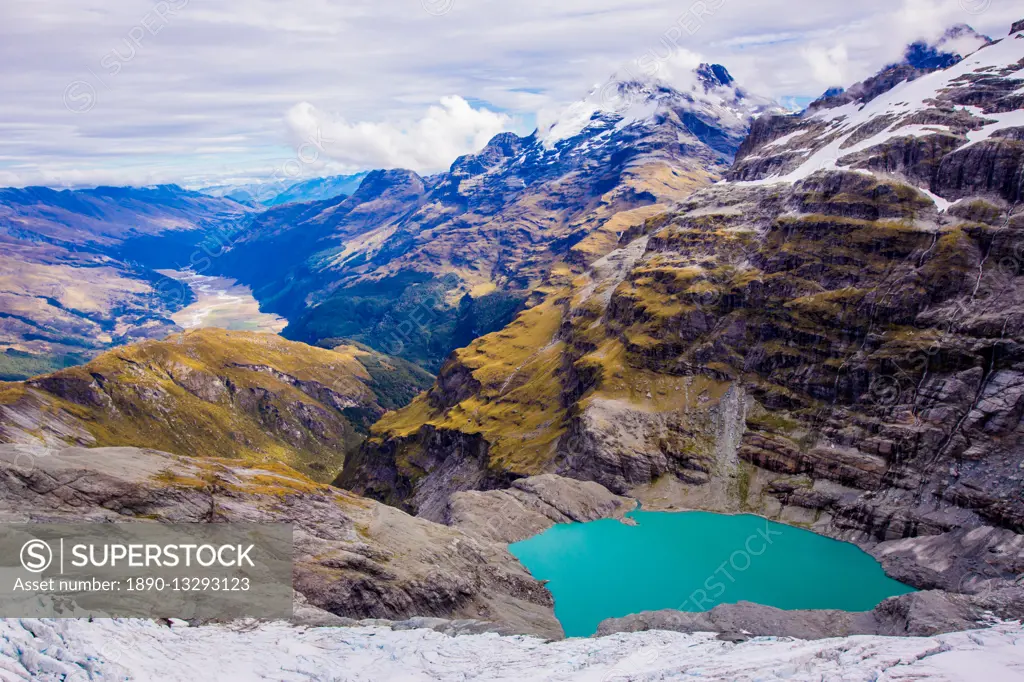 Aerial view of Glacier Lakes on Fox Glacier, South Island, New Zealand, Pacific