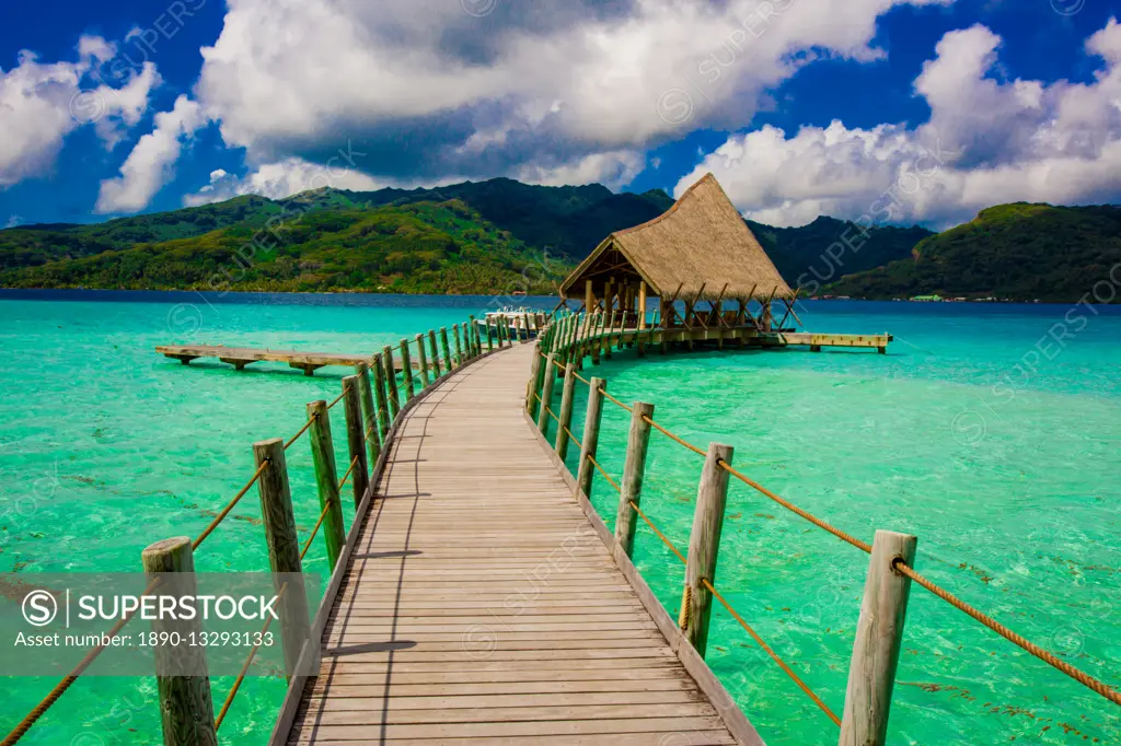 Overwater bungalow pier, Le Taha'a Resort, Tahiti, French Polynesia, South Pacific, Pacific