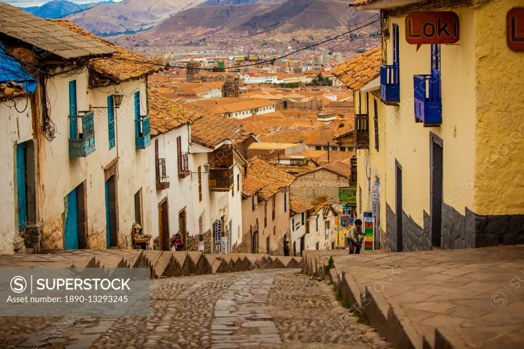 Cobblestone street scene, Cusco, Peru, South America