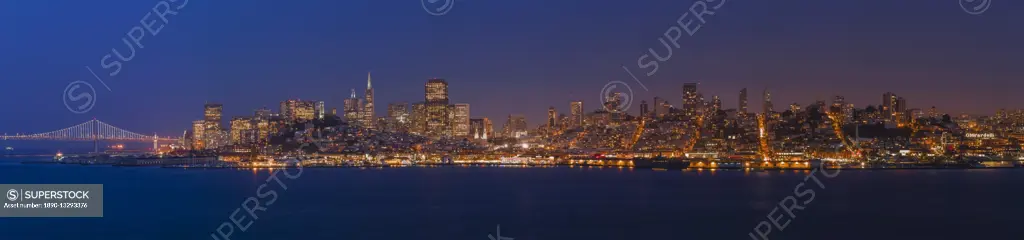 San Francisco skyline panorama at dusk taken from Alcatraz Island, California, United States of America, North America