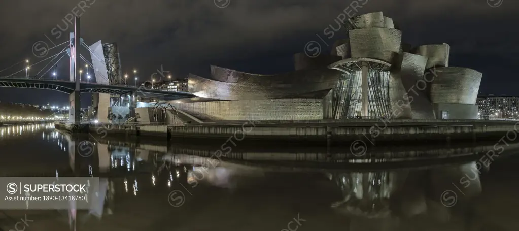 The Guggenheim at night from the other side of the river, Bilbao, Biscay, Basque Country, Spain, Europe