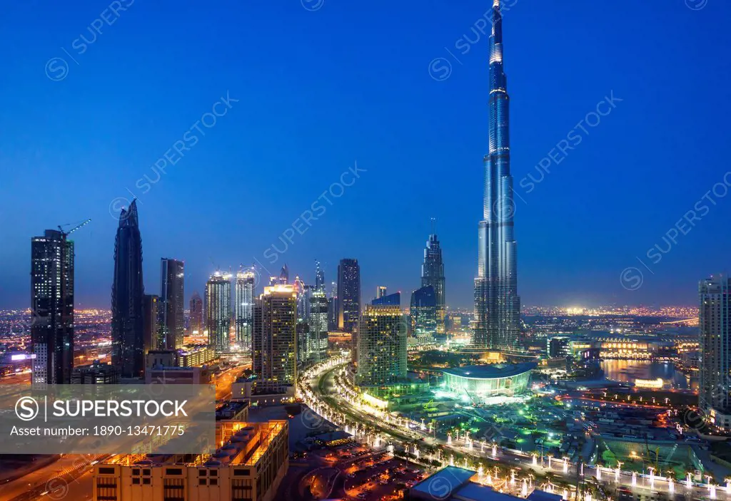 Burj Khalifa and Downtown Dubai at night, Dubai, United Arab Emirates, Middle East