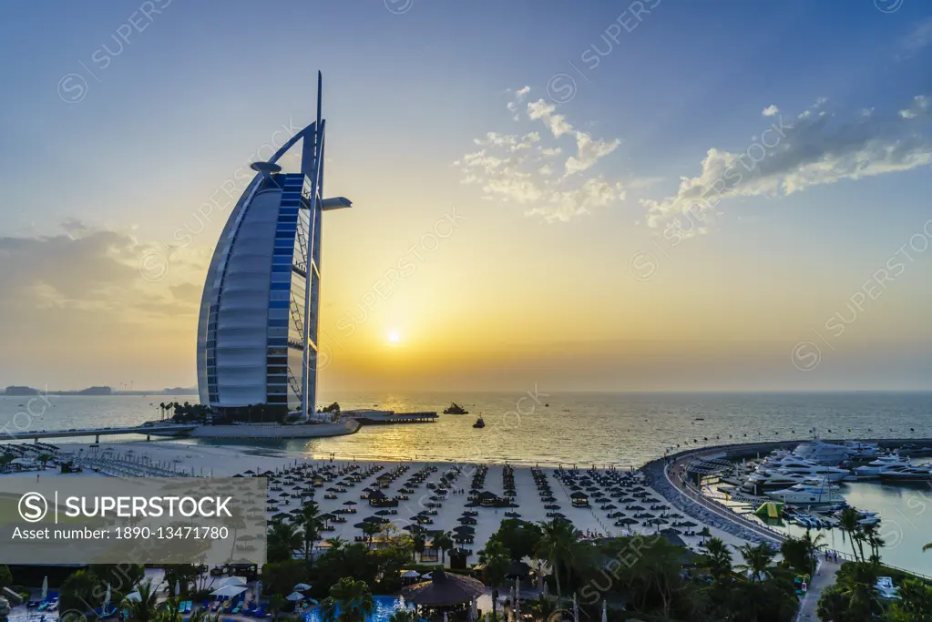 Burj Al Arab, Jumeirah Beach at sunset, Dubai, United Arab Emirates, Middle East