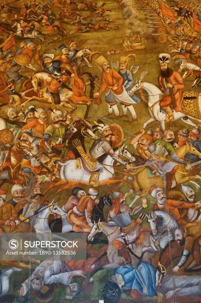 Mural of Battle of Chaldoran 1518 AD, Chehel Sotun (Chehel Sotoun) (40 Columns) Palace, Isfahan, Iran, Middle East