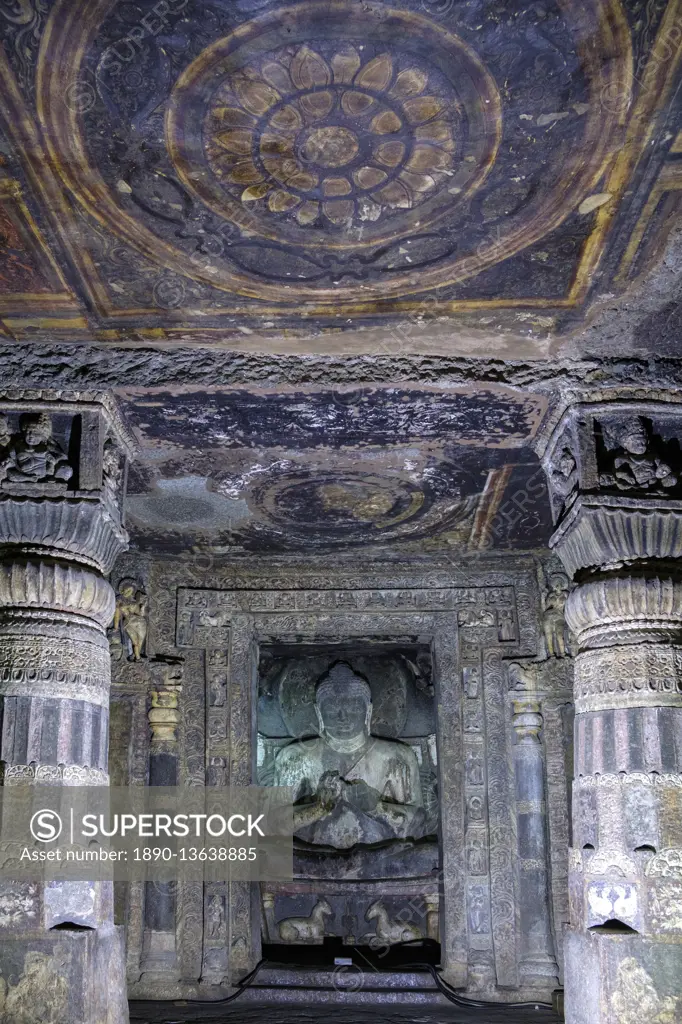 Buddha statue and painting in the Ajanta Caves, UNESCO World Heritage Site, Maharashtra, India, Asia