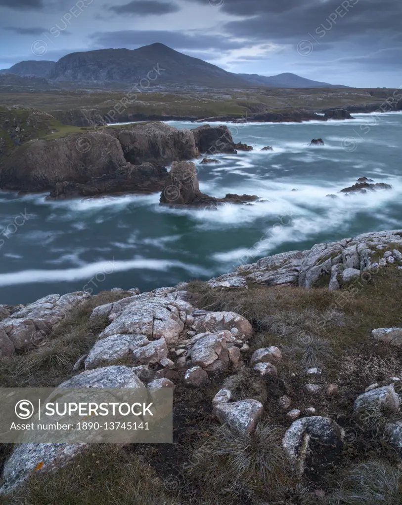 A stormy evening on the dramatic coastline at Mangersta, Isle of Lewis, Outer Hebrides, Scotland, United Kingdom, Europe