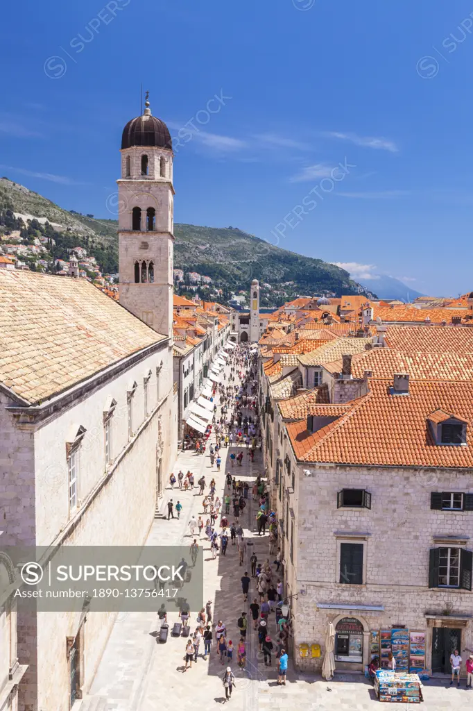 Rooftop view of Main Street Placa, Stradun, Dubrovnik Old Town, UNESCO World Heritage Site, Dubrovnik, Dalmatian Coast, Croatia, Europe