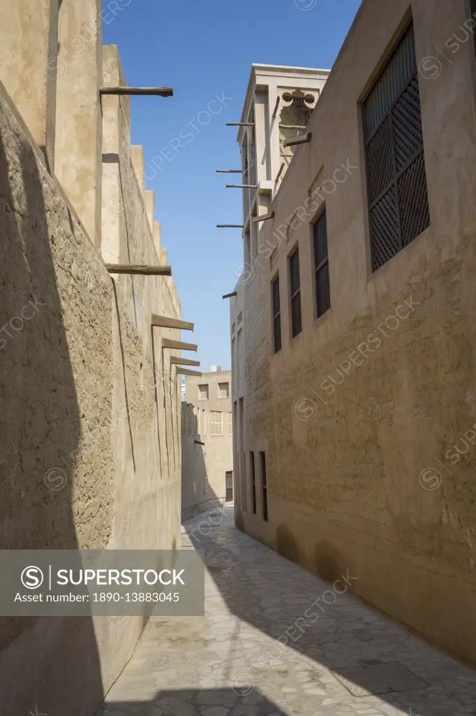 Narrow street in Al Fahidi Historical Centre, Bur Dubai, Dubai, United Arab Emirates, Middle East